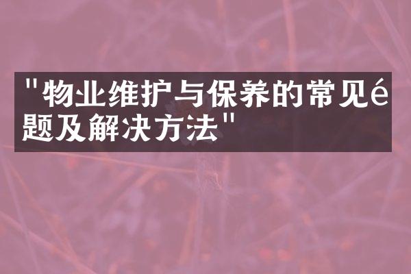 "物业维护与保养的常见问题及解决方法"